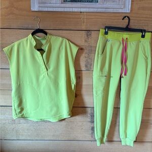 Figs Bright Green Scrub Set with Pink Ties
